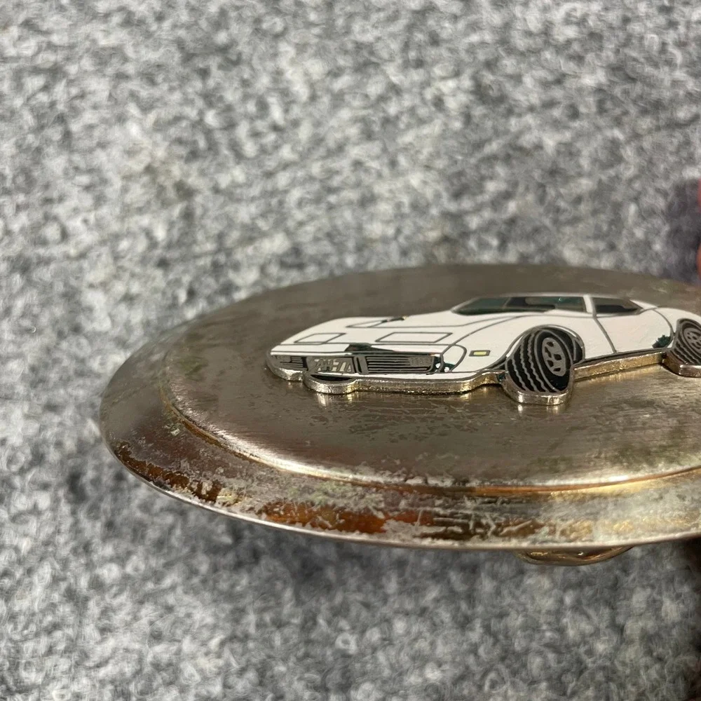 Vintage Belt Buckle Silver Toned White Corvette C3 Stingray Oval Muscle Car